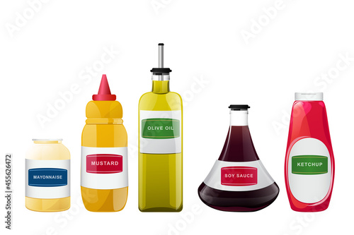 Big sauce in bottles set. Soy, Olive Oil, Mustard, Ketchup and Mayonnaise sauces. Condiment elements for food design.