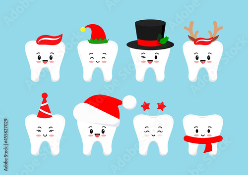 Chistmas smilling teeth dental icon set isolatead. Dentist xmas cute white tooth character in santa hat, deer horns, elf, snowman cylinder, scarf. Flat design cartoon vector illustration.