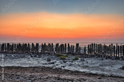View of the Wadden Sea during sunset, at low tide. Wooden posts as a silhouette in the mud. UNESCO. Wadden Sea World Heritage