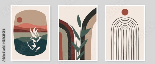 Mid Century Modern Abstract Wall Art Set of 3 Prints with Geometric Shapes, Rainbow, Leaves, Mountain Landscape. Abstract Boho Wall Art Print. Vector EPS 10