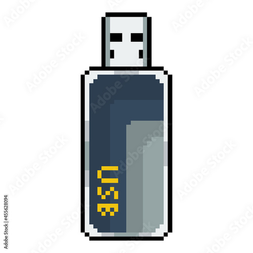 Pixelated Art. Pixel Art of the device USB flash drive. USB flash drives black color with a USB word.