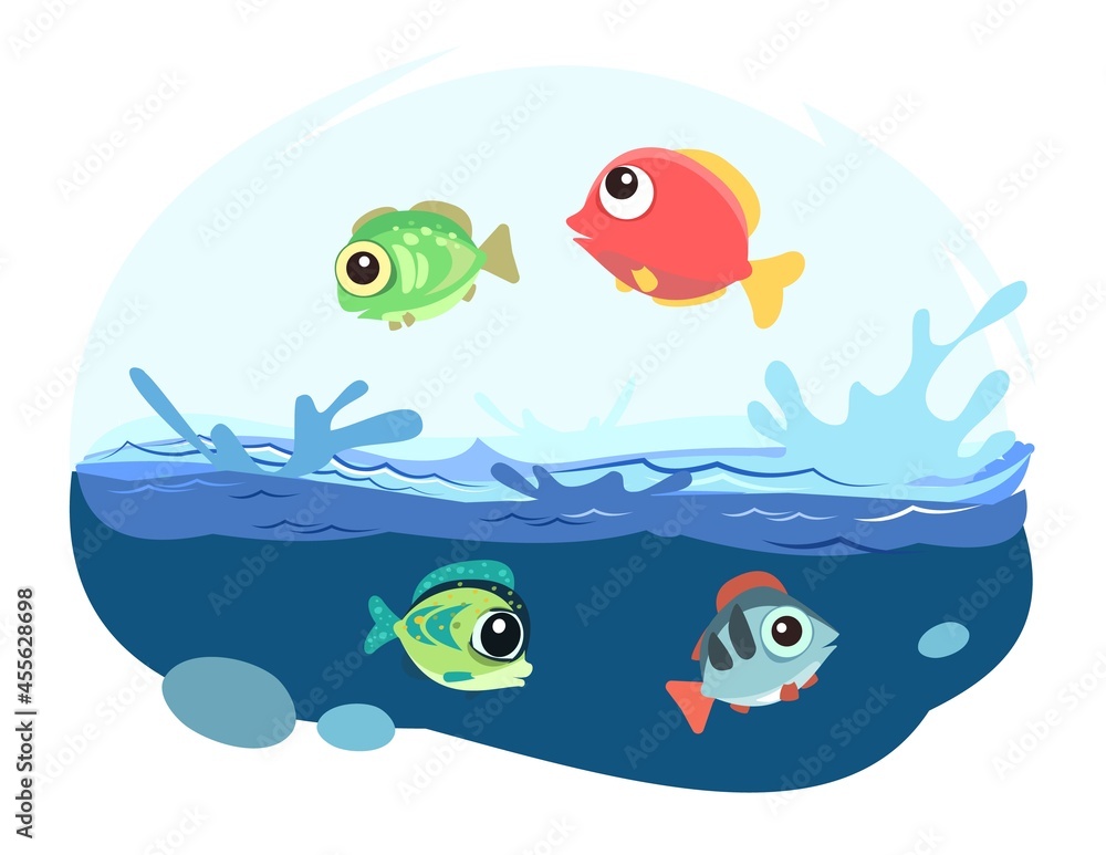 Obraz premium Tropical fish. Little landscape. Underwater marine life. Wild animals. Ocean, sea. Summer water. Isolated on white background. Illustration in cartoon style. Flat design. Vector art
