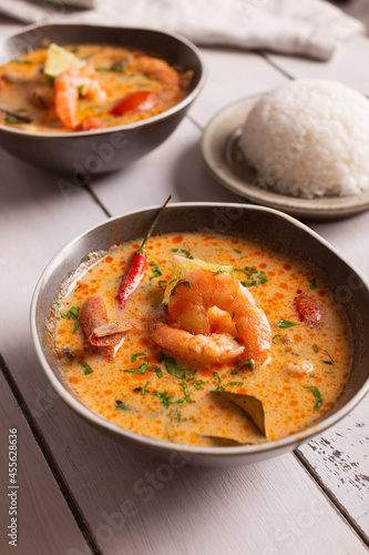 Asian food, spicy tom yum soup in a bowl