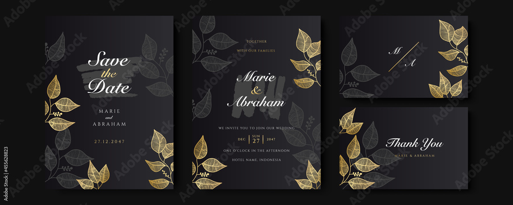 Naklejka Design wedding invitation template set. Modern luxury premium floral texture elements and golden frames on a black background