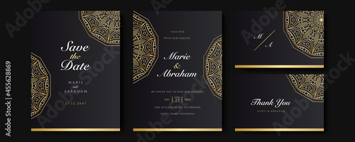 Design wedding invitation template set. Modern luxury premium mandala pattern texture elements and golden frames on a black background