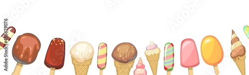 Ice cream bottom border. Pretty Background illustration. In waffle glasses and cones. Popsicle on sticks. Summer food sweet dessert. Flat design. Vector.