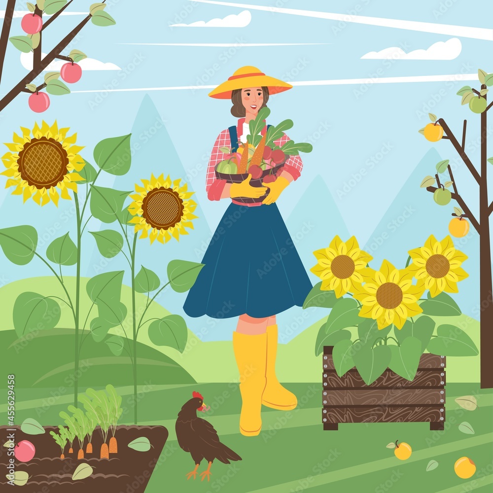Fototapeta premium Flat People in the village. Woman with basket vegetables in her hands in village. Vector illustration. Rural landscape.