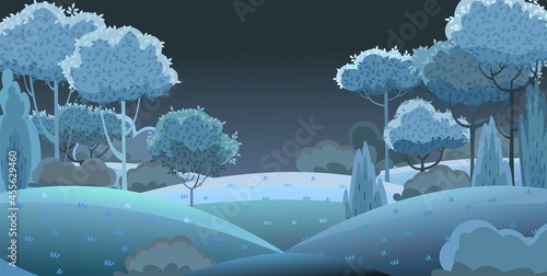 Silhouette night landscape. Beautiful scenic plant. Darkness. Leaves. Cartoon style. Hills with grass and trees. Dark. Cool romantic pretty. Flat design background illustration. Vector art