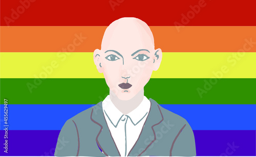 LGBTQ rainbow represents the right of the different sexes and gender identity. A lady-like bald person in a formal gray suit implicating acceptance by the wider society in the modern work environment.