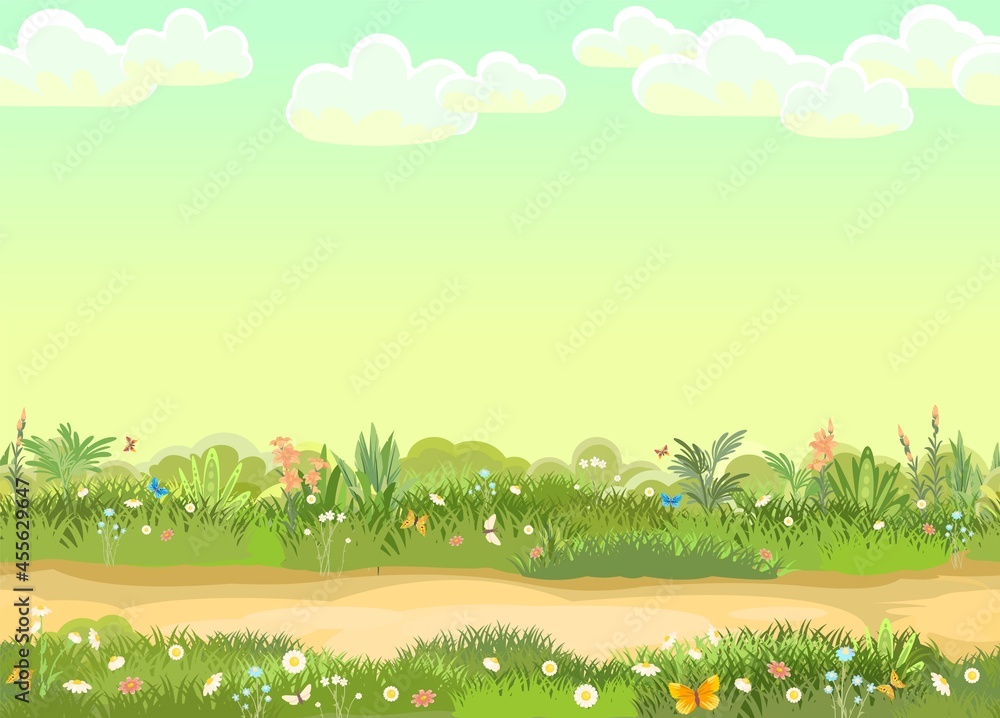 Rural road to Green Glade. Summer meadow. Trail. Juicy grass close up. Grassland. Cartoon style. Flat design. Seamless illustration vector art Rural road to Green Glade. Summer meadow. Trail. Juicy grass close up. Grassland. Cartoon style. Flat design. Seamless illustration vector art