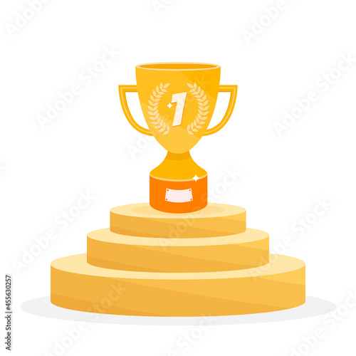 Winners square podium with gold trophy isolated on white background. Flat style vector illustration.Winners platform for award ceremony with prize for champion. Competition winners pedestal, gold cup.