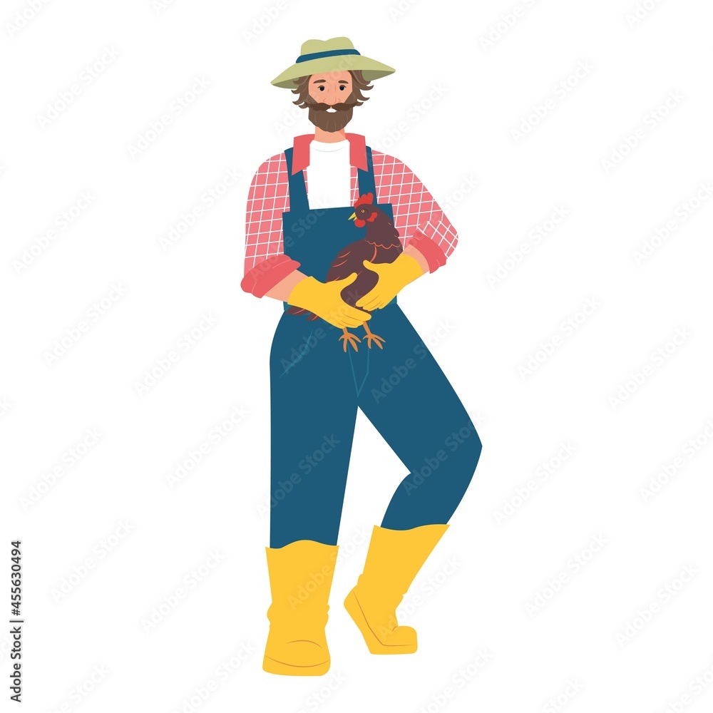 Male farmer with hen in his hands. Agriculture, flat people in the village. Vector illustration.