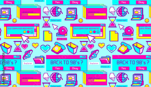 Nostalgia desktop wallpaper .
Old computer aesthetic illustration, 
retrowave style desktop. Colorful 
user interface. Vibrant background.