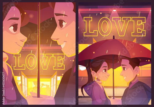 Love posters with happy couple under umbrella on city street in rain. Vector banners of romance and relationship with cartoon illustration of man and woman look at each other on background of cafe