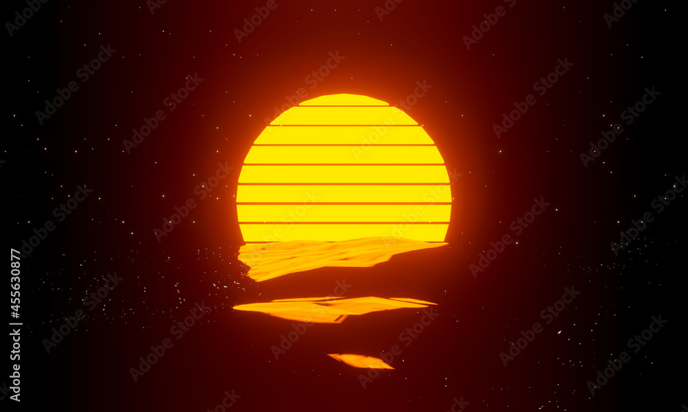80s retro sunset background. Futuristic landscape with sun wave of the 1980s style. 3d render for poster, banner.