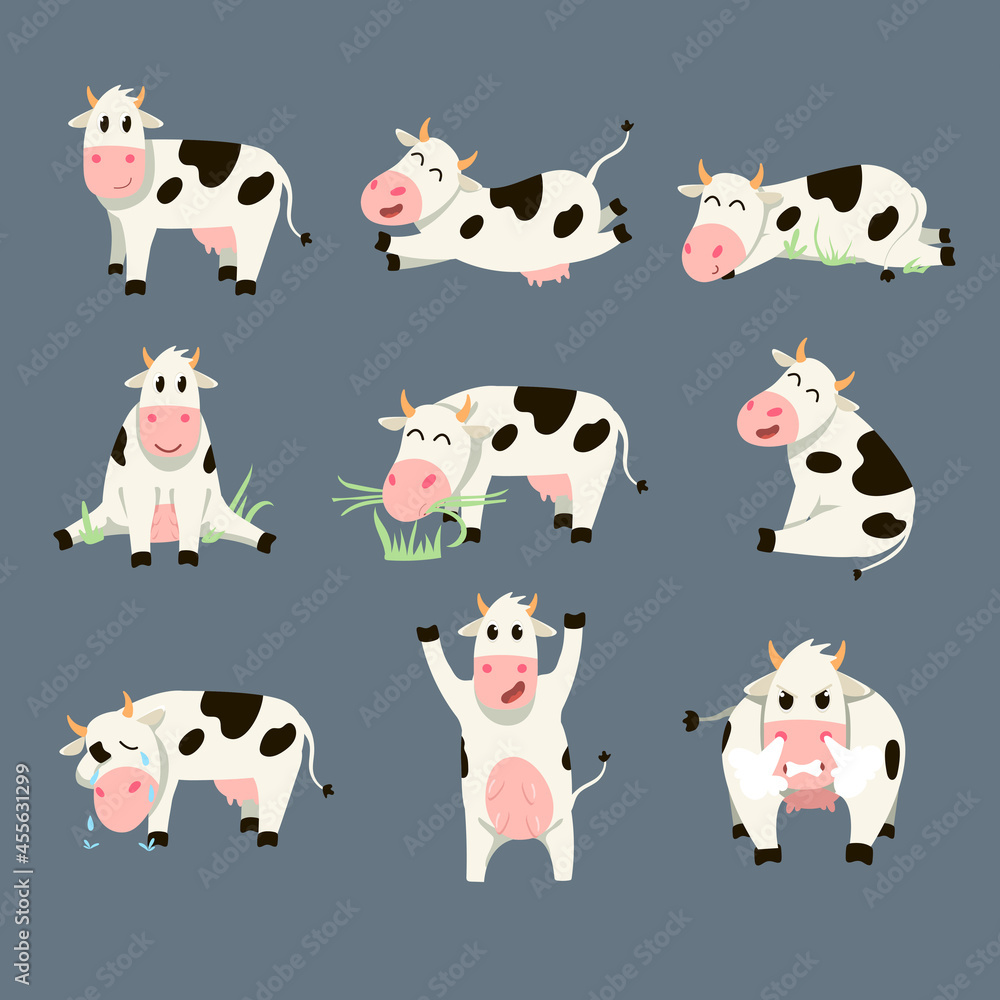 Set of funny spotted cow on grey background. Cartoon vector illustration. Drawing of smiling, crying, angry, sitting farm animal character in various poses. Animal, nature, farming, humor concept Set of funny spotted cow on grey background. Cartoon vector illustration. Drawing of smiling, crying, angry, sitting farm animal character in various poses. Animal, nature, farming, humor concept