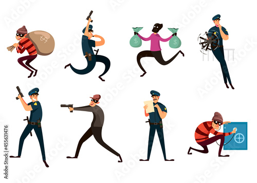 Set of criminal and policeman on white background. Cartoon vector illustration. Funny burglar guy and happy police officer with gun in various action poses. Crime, theft, law concept for banner design