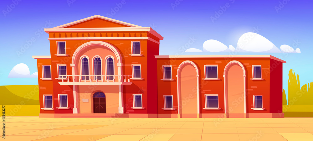 University campus, library or high school building classic architecture.  Educational public institution facade of red brick with arched entrance,  windows and fenced balcony cartoon vector illustration Stock Vector | Adobe  Stock