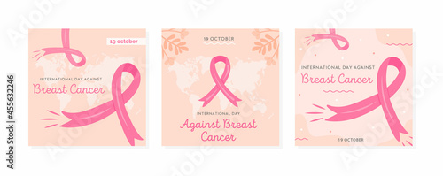 Set of vector cards for International Day Against Breast Cancer. Collection of square banner templates for mammary cancer campaign with pink cartoon ribbons and world map on background. Illustration.