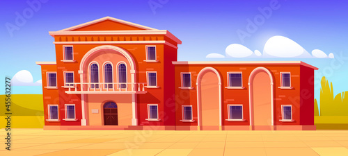 University campus, library or high school building classic architecture. Educational public institution facade of red brick with arched entrance, windows and fenced balcony cartoon vector illustration