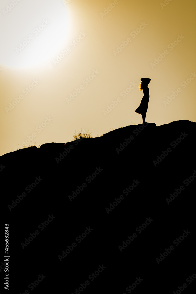 the girl stands on a rock in the backlight