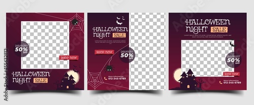Halloween sale social media post template design collection. Modern square promotion banner with place for the photo.