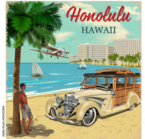 Honolulu retro poster with retro Woody Car.