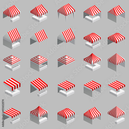 Set Isometric market stall, tent. Street awning canopy kiosk, counter, white red strings for fair, street food, market, grocery goods. Vector isolated