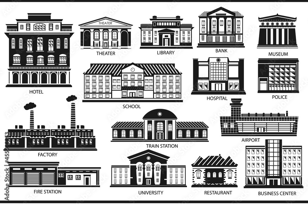 Set of city buildings in black and white. Icons of the museum, school, factory, theater and other buildings.
