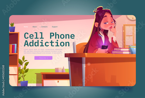 Sad girl looking at mobile phone. Concept of cell phone addiction, FOMO, overuse social media. Vector banner of digital gadget addiction with cartoon teen in school classroom photo