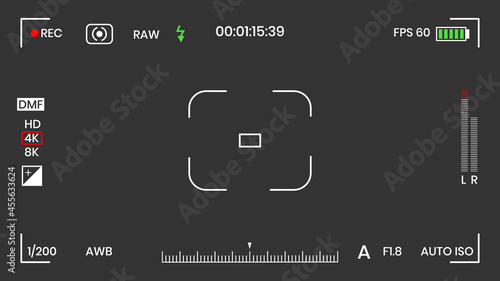 Camera viewfinder video or photo frame recorder flat style design vector illustration. Digital camera viewfinder with exposure settings and focusing grid template.