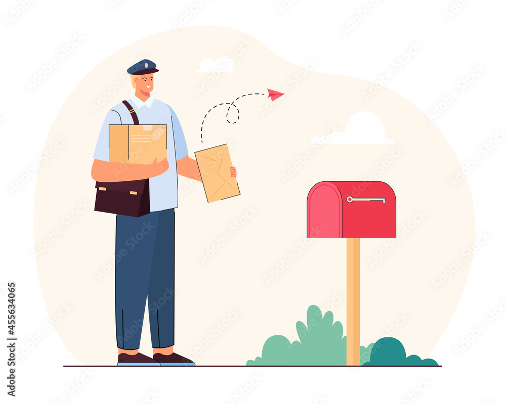 Postman Standing Postman delivering letters and parcels. Flat vector illustration. Man ...