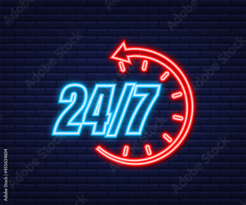 24-7 service concept. 24-7 open. Neon icon. Support service icon. Vector stock illustration.