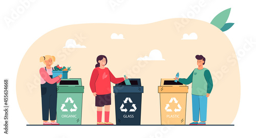 Cartoon kids sorting trash flat vector illustration. Little boy and girls throwing glass, plastic and organic waste into special dustbins. Environmental protection, recycle, garbage, ecology concept