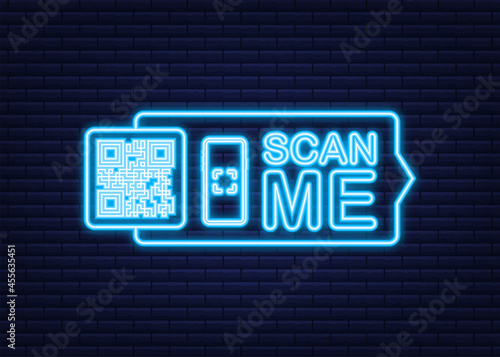 QR code for smartphone. Inscription scan me with smartphone icon. Qr code for payment. Neon icon. Vector illustration.