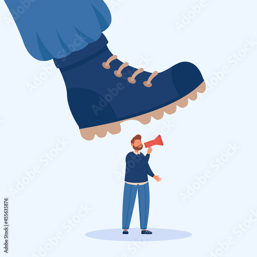 Cartoon man speaking into megaphone under giant shoe. Boot of army soldier stepping on business person flat vector illustration. Freedom of speech, censorship concept for banner, website design