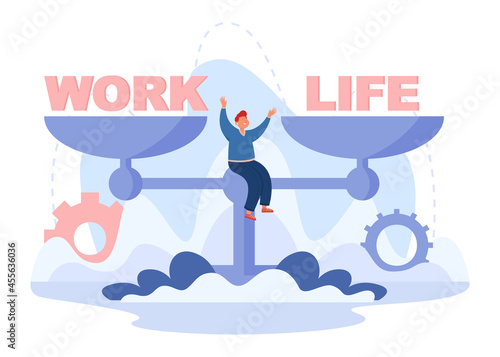 Happy man sitting on scales with words work and life. Finding balance between career or financial success and relationships or family vector illustration. Lifestyle, time management concept for banner