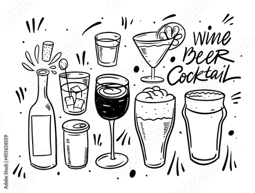 Hand drawn black color cocktails glass set. Doodle vector illustration.