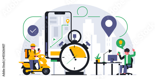 Online food delivery service to your home. An office worker placed an order for food delivery to the office.Phone, app, map, street, address, gps, location, city, courier, scooter.Vector illustration