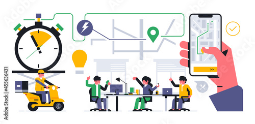 Online food delivery service to your home. Office workers made an order for food delivery. Tracking your order through a mobile application. Phone, app, hand, map, street, scooter.Vector illustration
