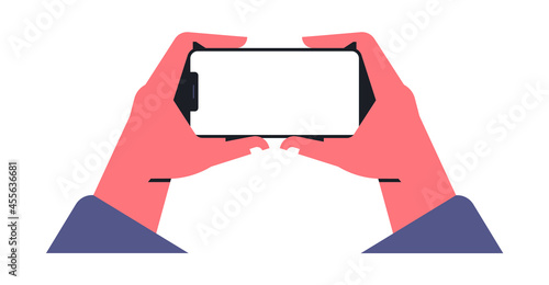 Hand holding a telephone. Empty screen, mobile app, phone mockup, application on touch screen device. Vector illustration isolated on white background.