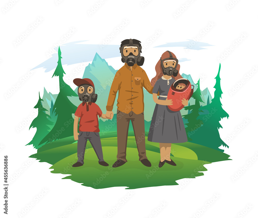Naklejka premium A family with children is standing in gas masks in nature. A concept on the topic of air pollution, environmental protection. Vector illustration, isolated on white.