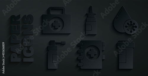 Set Medical clipboard, Blood test and virus, Bottle with nozzle spray, Medicine bottle, nasal and First aid kit icon. Vector