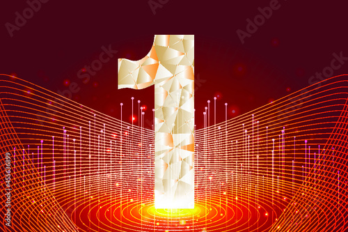 Golden particles around 1 anniversary digital red background tech sense poster