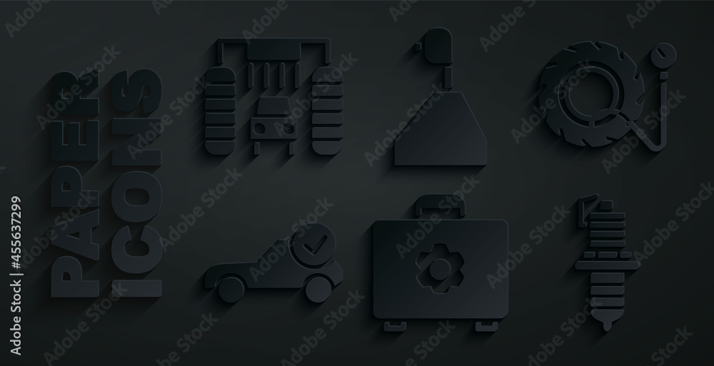 Set Toolbox, Tire pressure gauge, Auto service check automotive, Car spark plug, Gear shifter and wash icon. Vector Set Toolbox, Tire pressure gauge, Auto service check automotive, Car spark plug, Gear shifter and wash icon. Vector