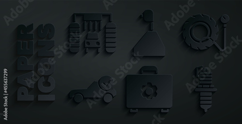 Set Toolbox, Tire pressure gauge, Auto service check automotive, Car spark plug, Gear shifter and wash icon. Vector