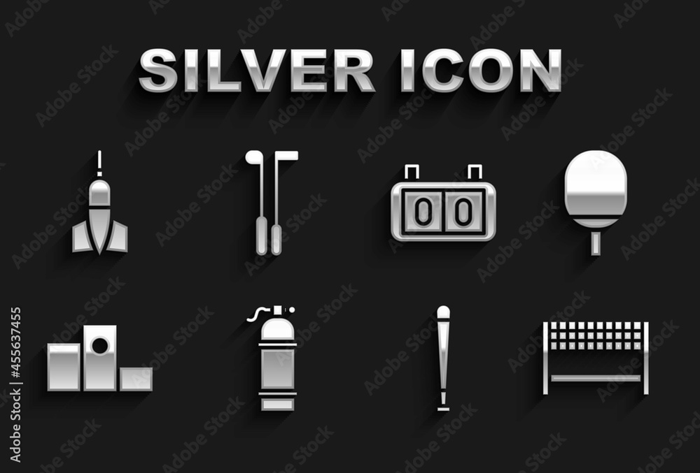 Set Aqualung, Racket for playing table tennis, Ribbon finishing line, Baseball bat, Award over sports winner podium, Sport mechanical scoreboard, Dart arrow and Golf club icon. Vector Set Aqualung, Racket for playing table tennis, Ribbon finishing line, Baseball bat, Award over sports winner podium, Sport mechanical scoreboard, Dart arrow and Golf club icon. Vector