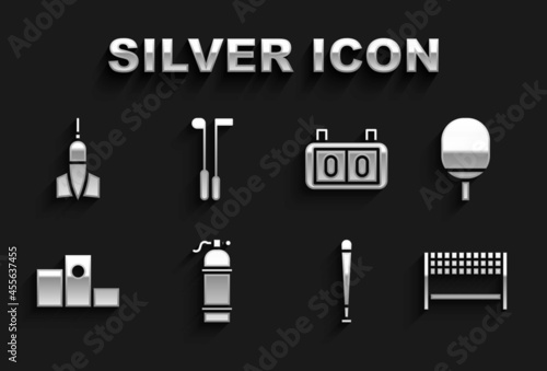 Set Aqualung, Racket for playing table tennis, Ribbon finishing line, Baseball bat, Award over sports winner podium, Sport mechanical scoreboard, Dart arrow and Golf club icon. Vector