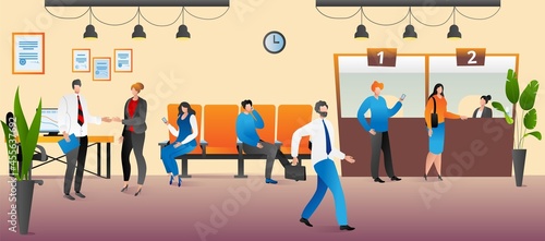 Fototapeta Naklejka Na Ścianę i Meble -  Bank office with finance service, vector illustration, flat worker man woman character help client with banking payment, financial business manager.