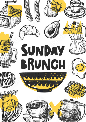 Sunday brunch hand drawn illustration with typography. Grunge style pan with vaffles, egg, coffee, croissant, donut. Colored lettering card. Cafe, restaurant menu poster design element.